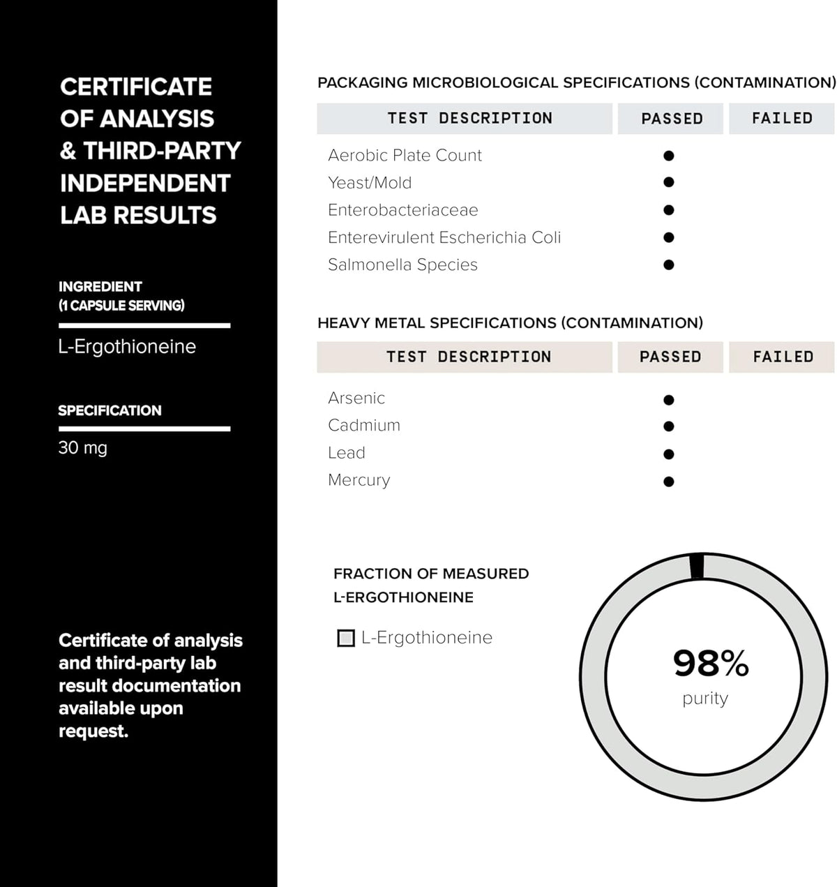 Ergothioneina con MitoPrime® - Alta Potencia 30mg con 98% de Pureza - Suplemento de L-Ergothioneina - Apoyo a la Longevidad – Image 7