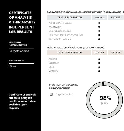 Ergothioneina con MitoPrime® - Alta Potencia 30mg con 98% de Pureza - Suplemento de L-Ergothioneina - Apoyo a la Longevidad – Image 7