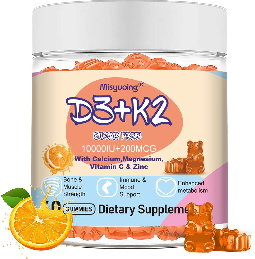 Vitamin D3 K2 Gummies, Vitamina D3 10000 UI con K2 200 mcg, Vitamina C, Calcio, Magnesio, Zinc, Apoyo para Huesos, Articulaciones, Músculos, Nervios y Sistema Inmunológico (60, Naranja, Sin Azúcar)