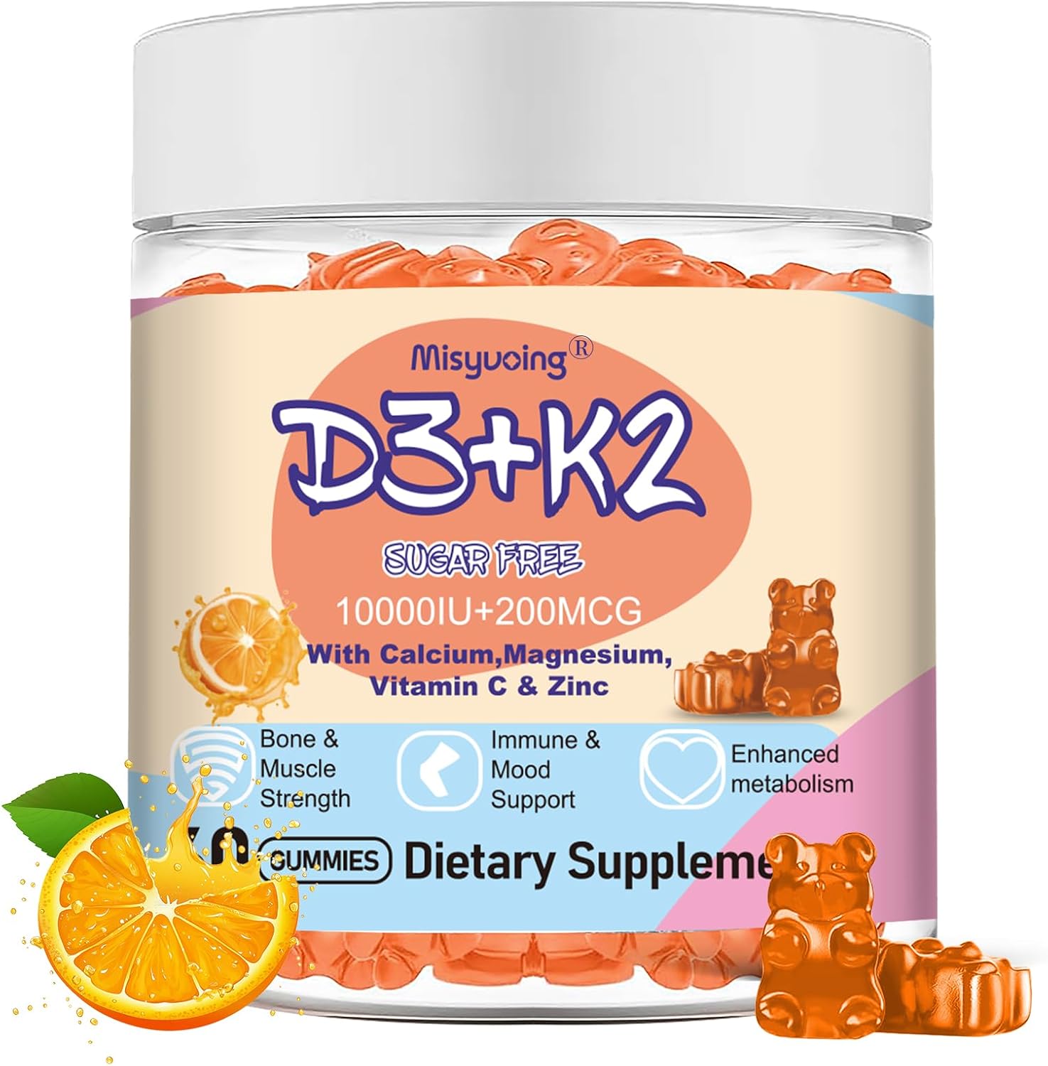 Vitamin D3 K2 Gummies, Vitamina D3 10000 UI con K2 200 mcg, Vitamina C, Calcio, Magnesio, Zinc, Apoyo para Huesos, Articulaciones, Músculos, Nervios y Sistema Inmunológico (60, Naranja, Sin Azúcar)