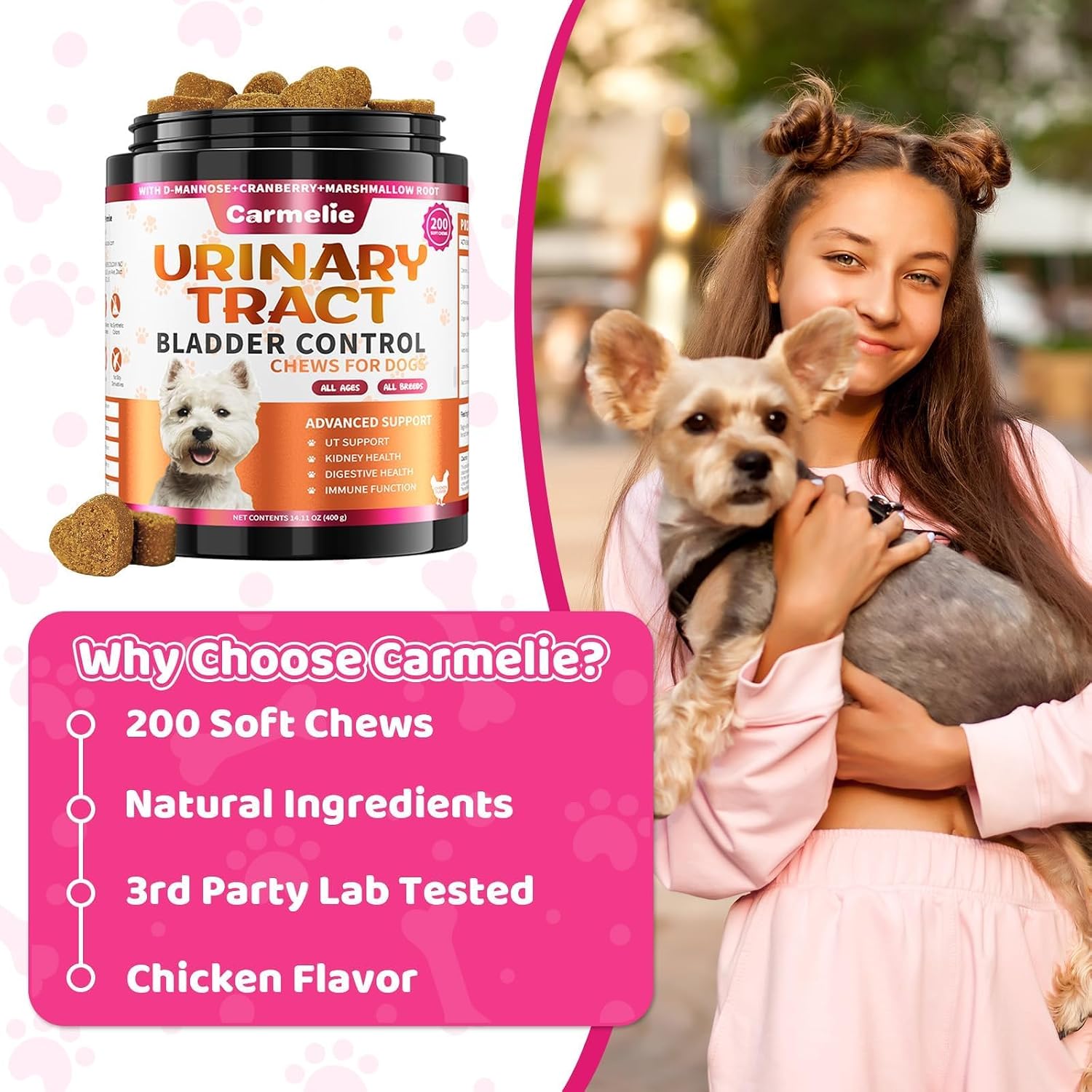 Suplemento de Arándano para Perros - Apoyo Urinario y Renal - 200 Chews Sabor Pollo