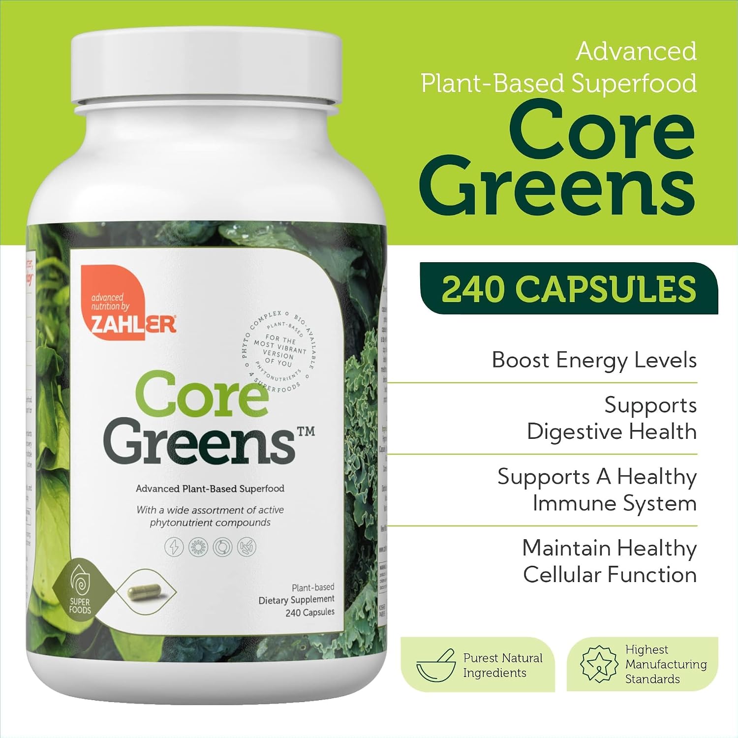 Zahler Core Greens, Cápsulas de Superalimentos Verdes, con Espirulina, Chlorella y Spectra Blend, 240 Cápsulas