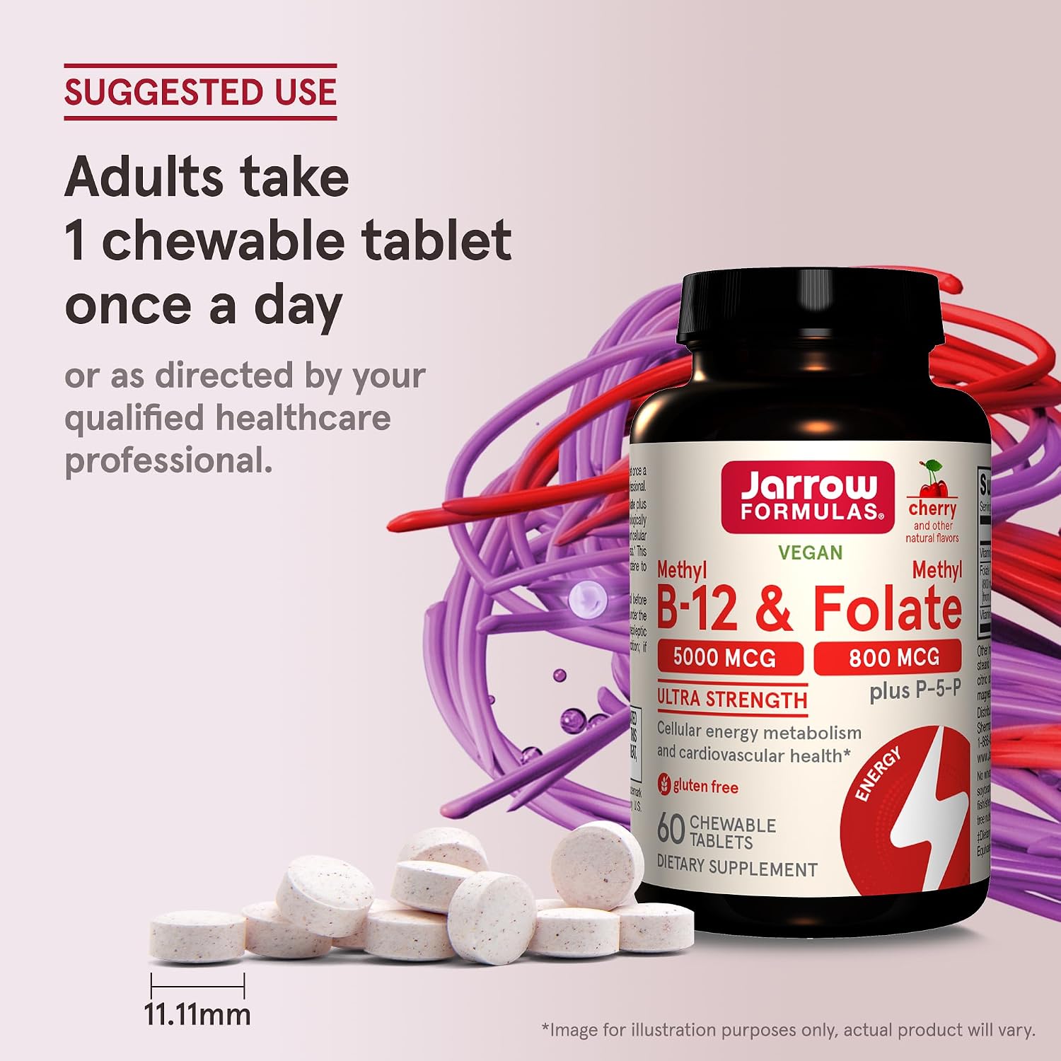 Jarrow Formulas Ultra Strength Metil B-12 5000 mcg + Metil Folato 800 mcg + P-5-P, 60 Comprimidos Masticables