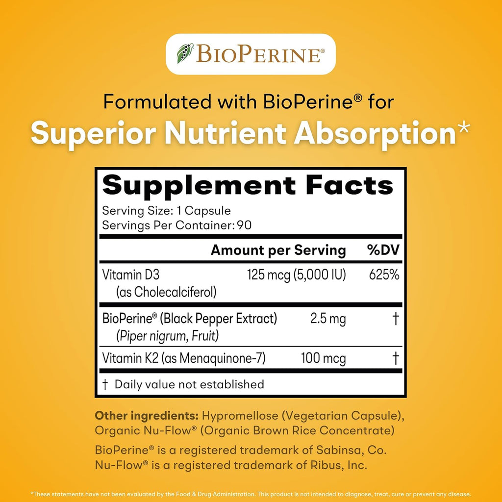 You Vites Vitamina D3 + K2 - Máxima Absorción, 5000 UI D3 y 100 mcg K2 MK-7 con BioPerine - Apoyo Óseo, Cardíaco e Inmunológico - No Transgénico, Sin Gluten - 90 Cápsulas