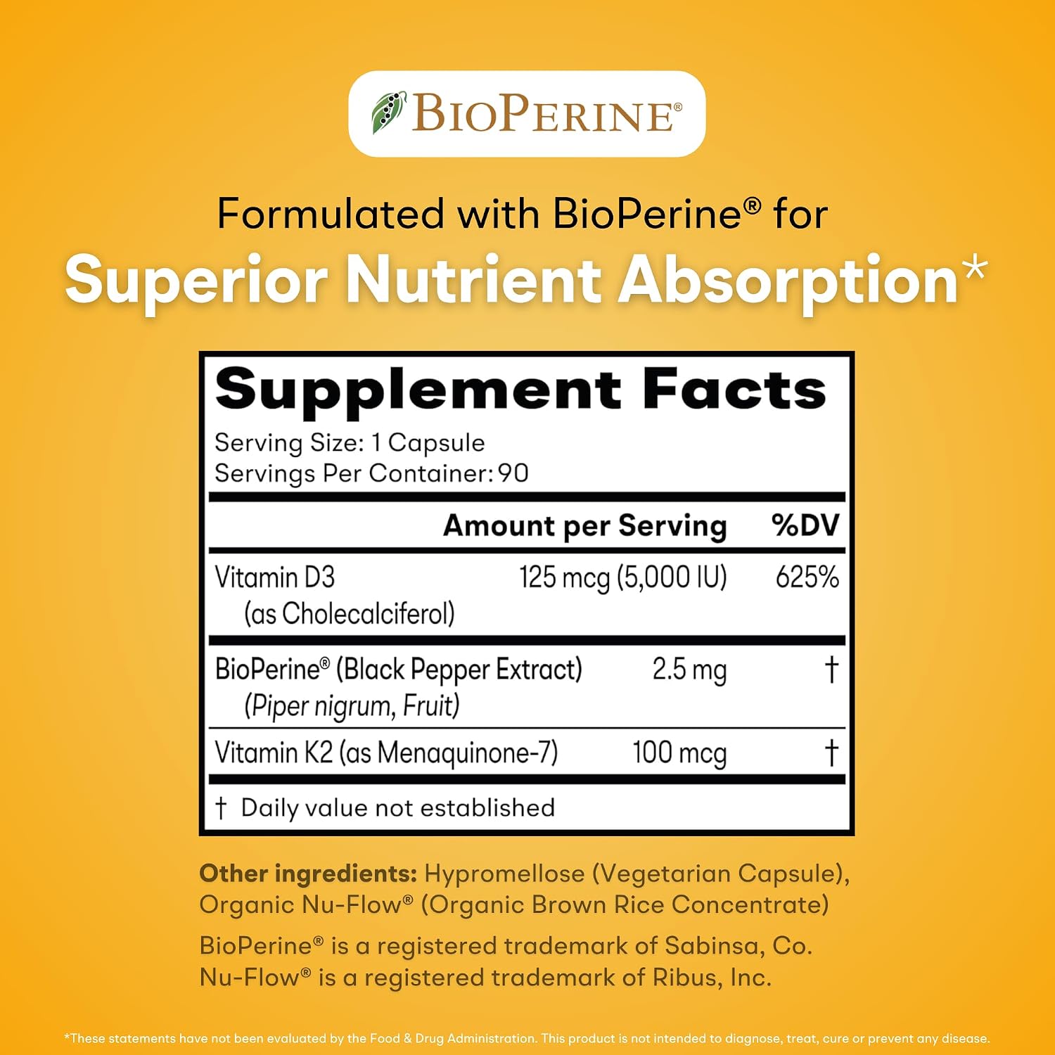 You Vites Vitamina D3 + K2 - Máxima Absorción, 5000 UI D3 y 100 mcg K2 MK-7 con BioPerine - Apoyo Óseo, Cardíaco e Inmunológico - No Transgénico, Sin Gluten - 90 Cápsulas