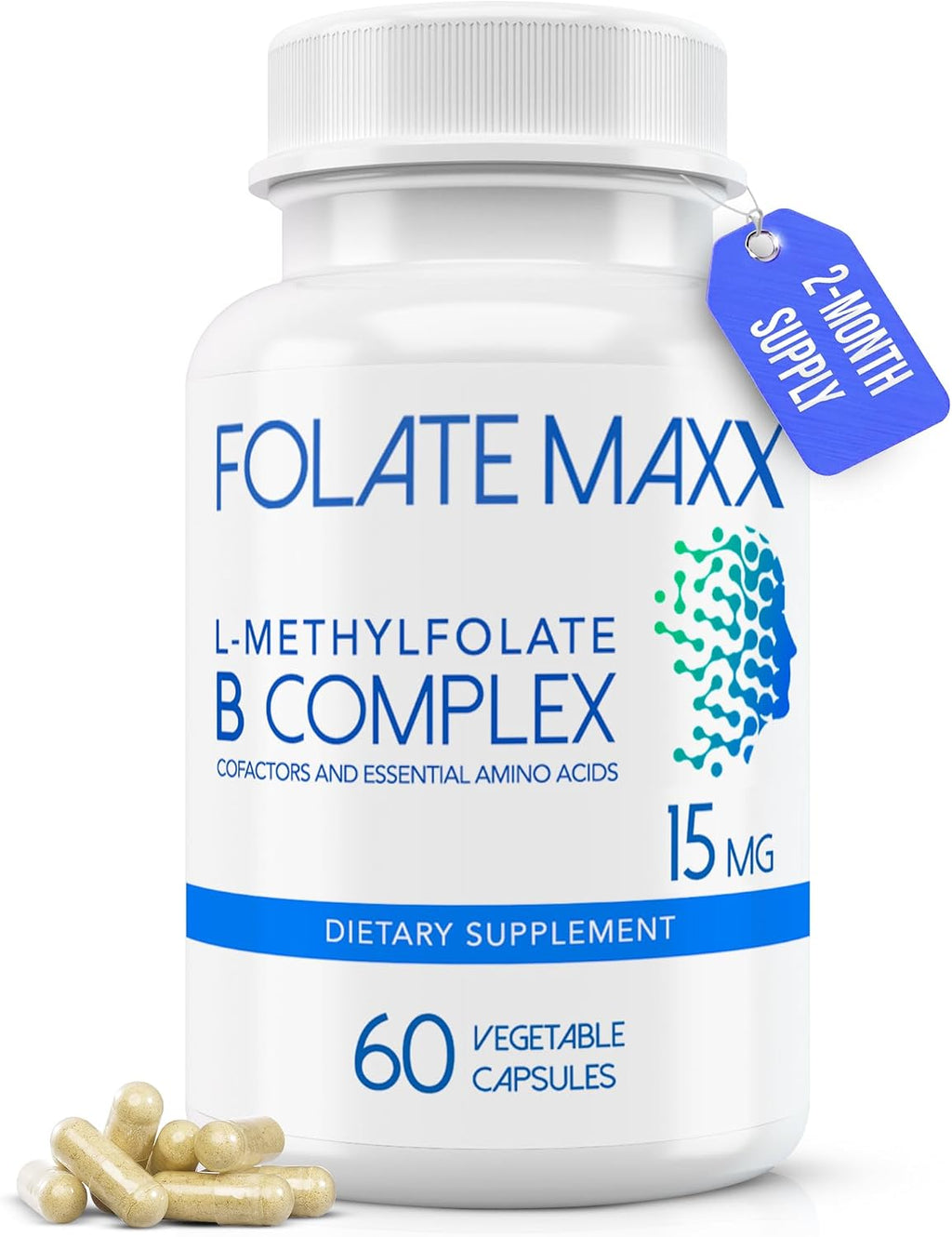 FOLATE MAXX L Metilfolato 15mg con Complejo B Activo – 60 Cápsulas – Alta Potencia 5-MTHF con Vitamina B6 y Metil B12 – 2 Meses de Suministro