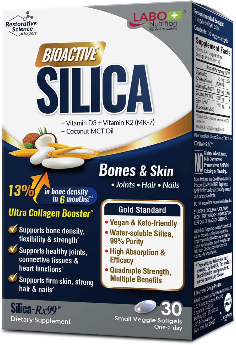 LABO Bioactive Silica - Pack de 3 - 90 Cápsulas Veganas - Sílice de Arroz 99% Pureza para Huesos y Articulaciones