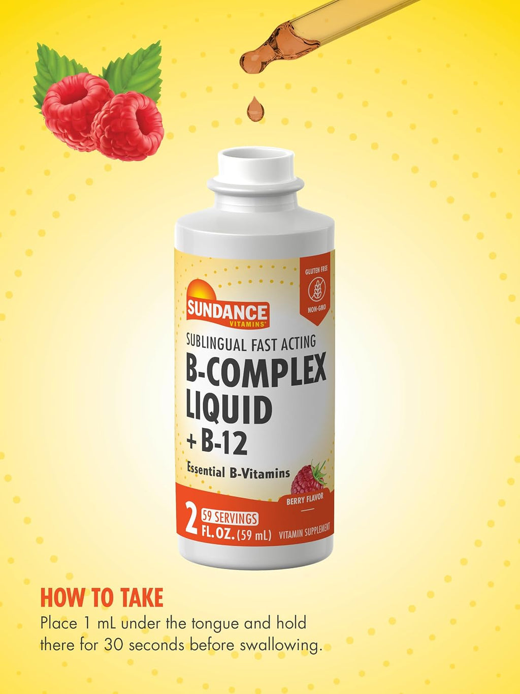 Sundance Complejo de Vitaminas B Sublingual – 60 ml – con B12, Sabor Berry – Suplemento Vegetariano, No GMO y Sin Gluten