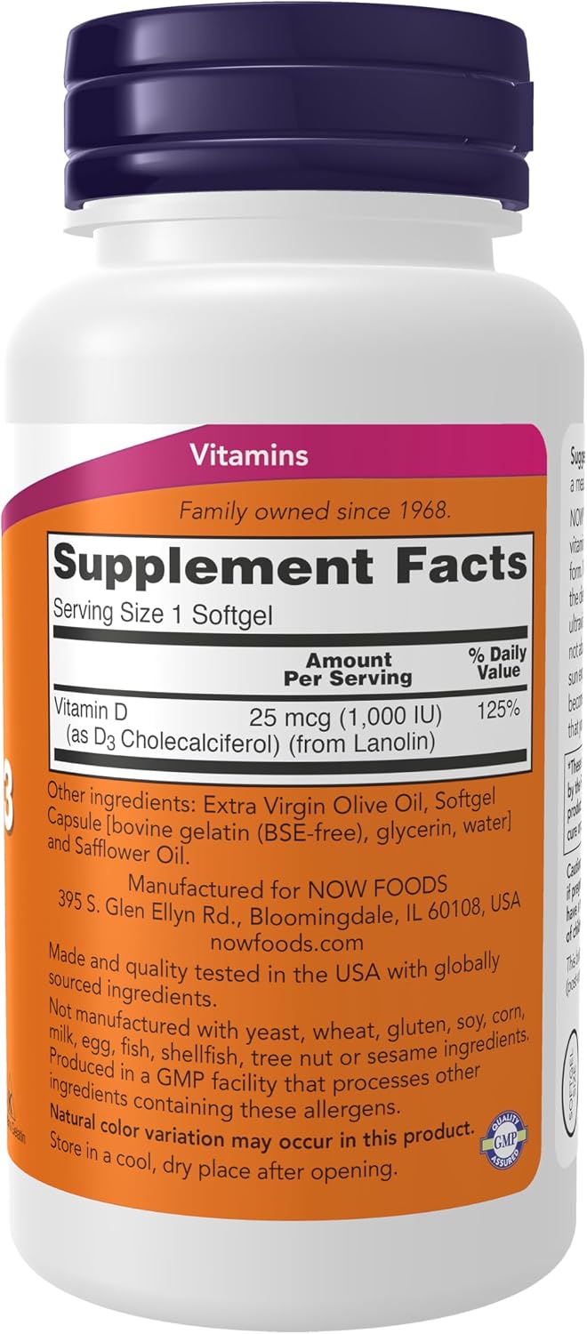 NOW Foods Vitamina D3 1000 UI, 180 Cápsulas Blandas