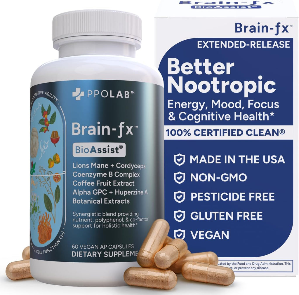 PPO Lab® Brain-fx™ - Suplemento Nootrópico con Complejo B Metilado, L-Teanina, Melena de León, Alpha GPC - 60 Cápsulas de Liberación Prolongada