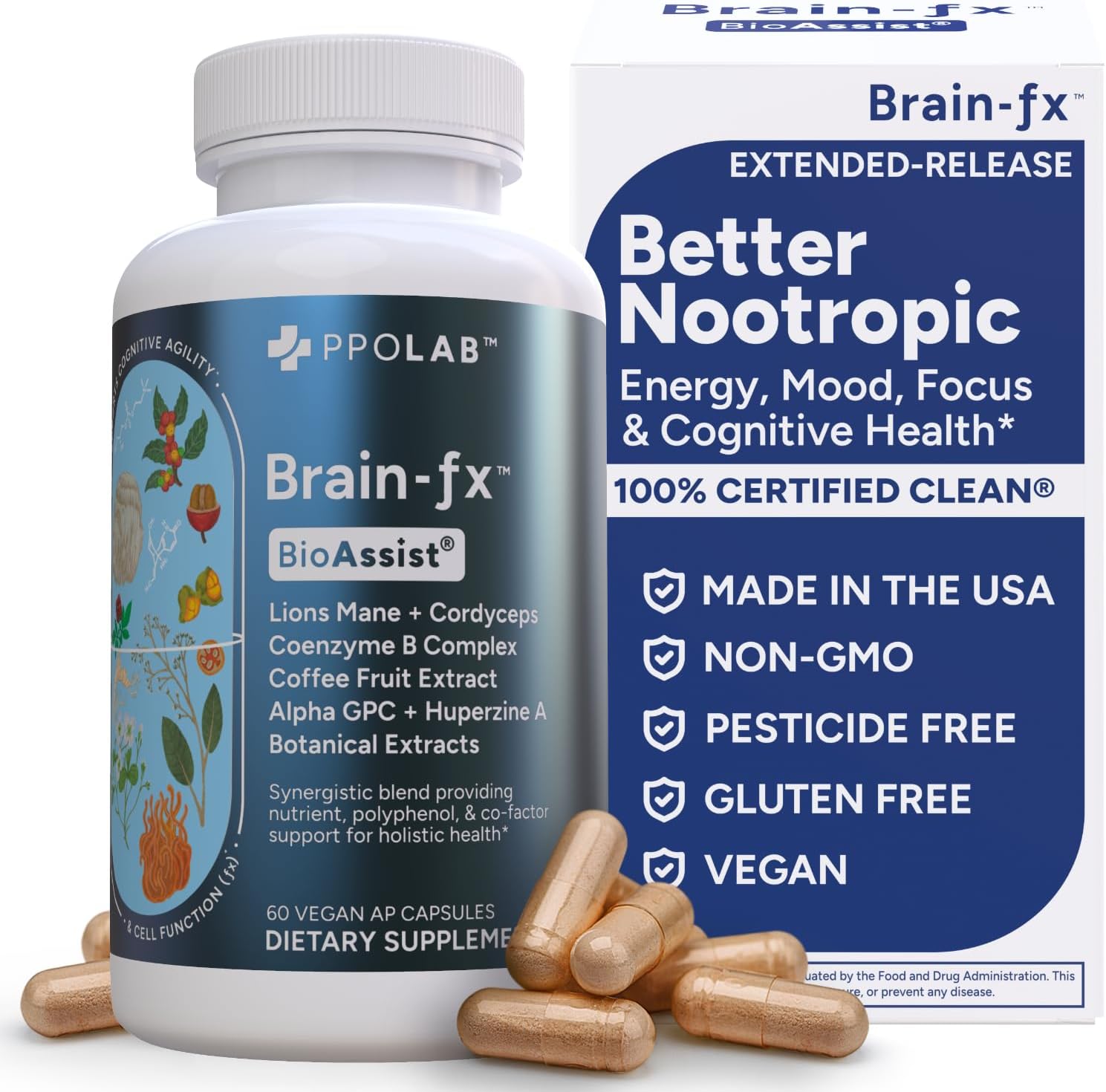 PPO Lab® Brain-fx™ - Suplemento Nootrópico con Complejo B Metilado, L-Teanina, Melena de León, Alpha GPC - 60 Cápsulas de Liberación Prolongada