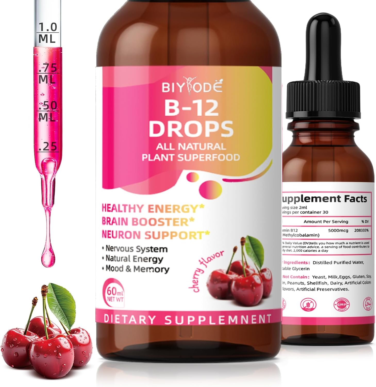 BIYODE Vitamina B12 5000 mcg Gotas Líquidas Sublinguales Sabor Cereza 60 ml