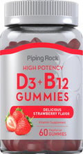 Piping Rock Gomitas de Vitamina D3 y B12 | 60 unidades | Complemento para Mujeres y Hombres | Alta Potencia | Sabor a Fresa | Vegetariano, Sin OGM, Sin Gluten