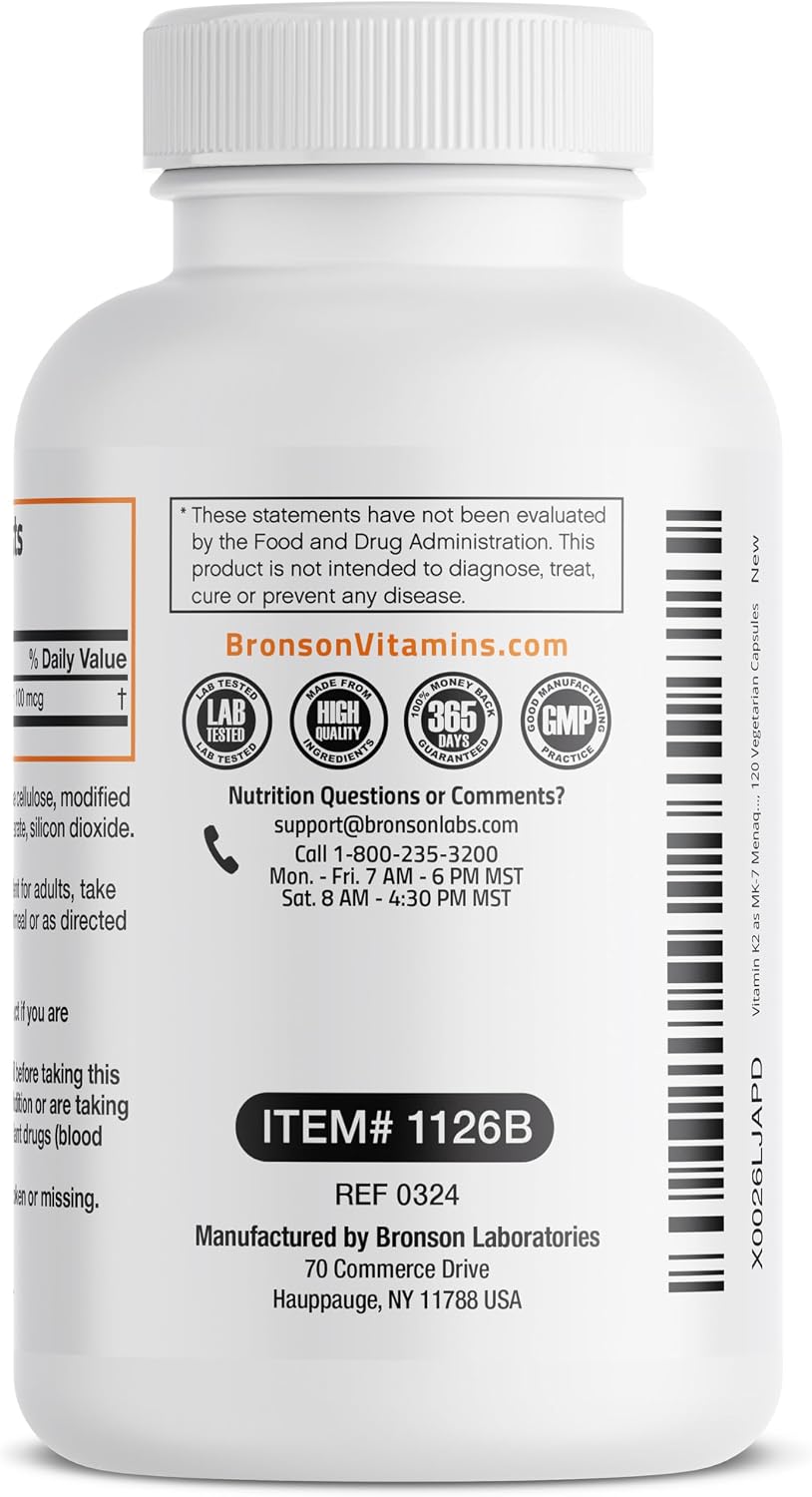 Bronson Vitamina K2 MK-7 Menaquinona 100 mcg, 120 Cápsulas - No-GMO
