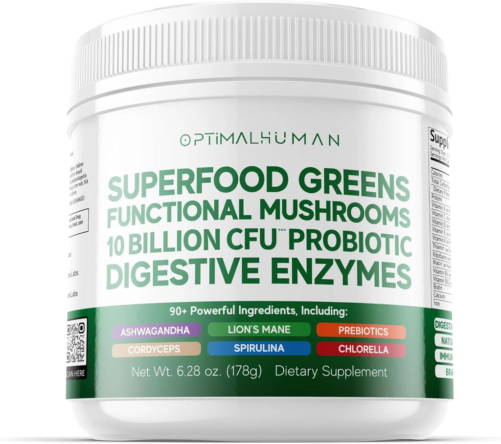 Optimal Human Superfood Greens Powder – Mezcla de 90+ Ingredientes con Lion's Mane, Ashwagandha y Cúrcuma – 178 g