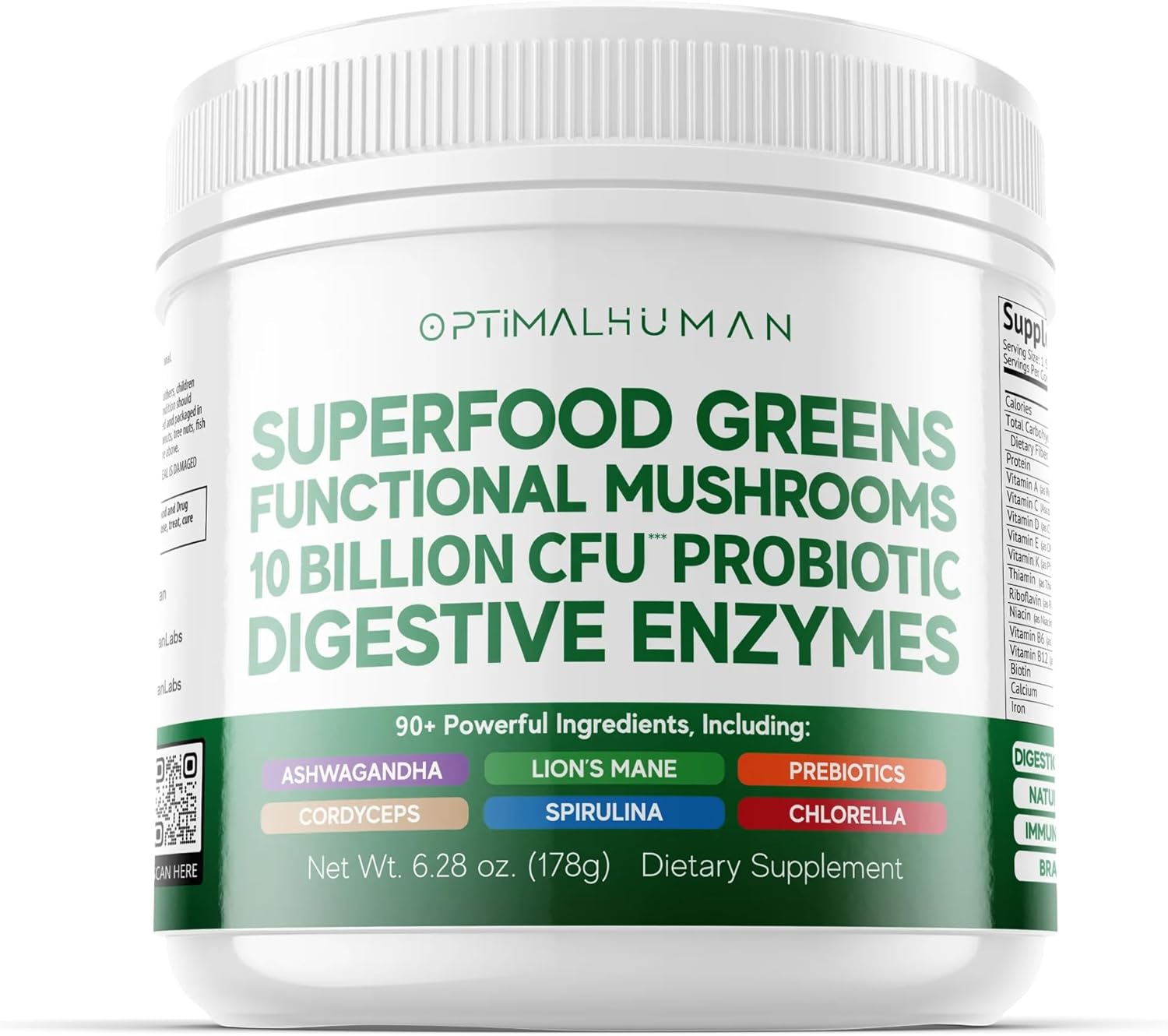 Optimal Human Superfood Greens Powder – Mezcla de 90+ Ingredientes con Lion's Mane, Ashwagandha y Cúrcuma – 178 g