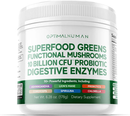Optimal Human Superfood Greens Powder – Mezcla de 90+ Ingredientes con Lion's Mane, Ashwagandha y Cúrcuma – 178 g – Image 1