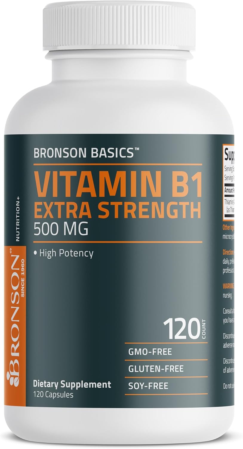 Bronson Vitamina B1 Extra Strength 500 mg Alta Potencia No-GMO, 120 Cápsulas