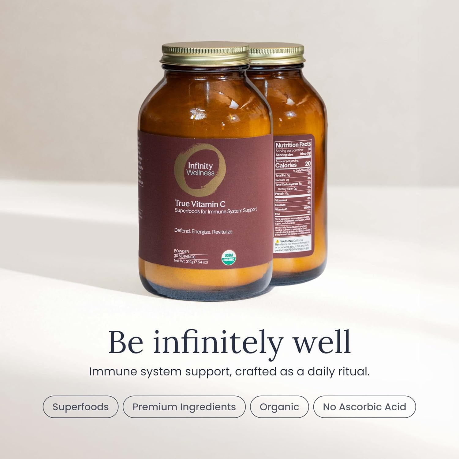 Infinity-C Mezcla Orgánica de Vitamina C en Polvo | Acerola, Camu Camu y Amla | 1000mg | Vegano, Sin OGM (30 porciones)