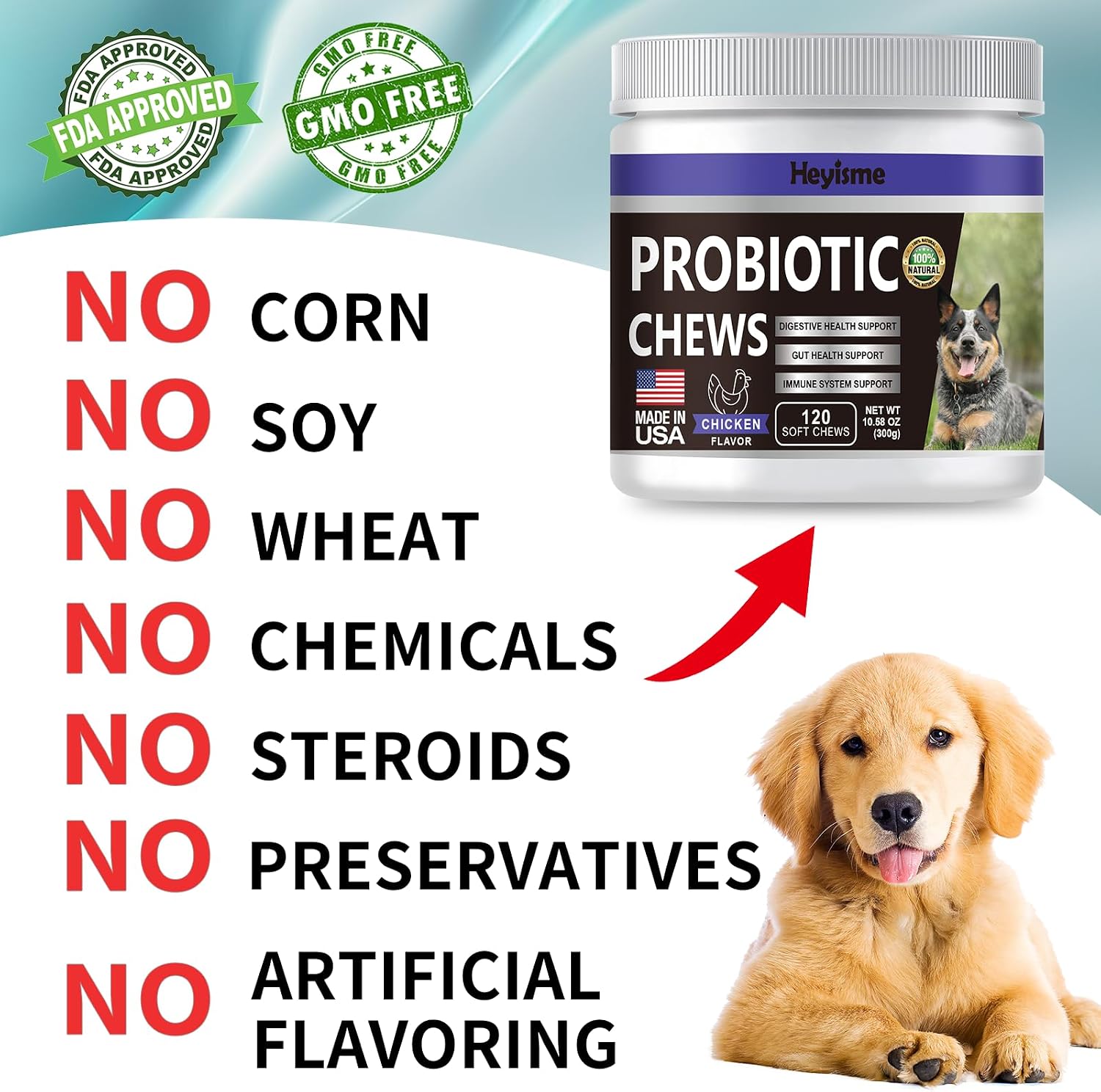 HEYISME Probióticos para Perros - 120 Masticables Sabor Pollo