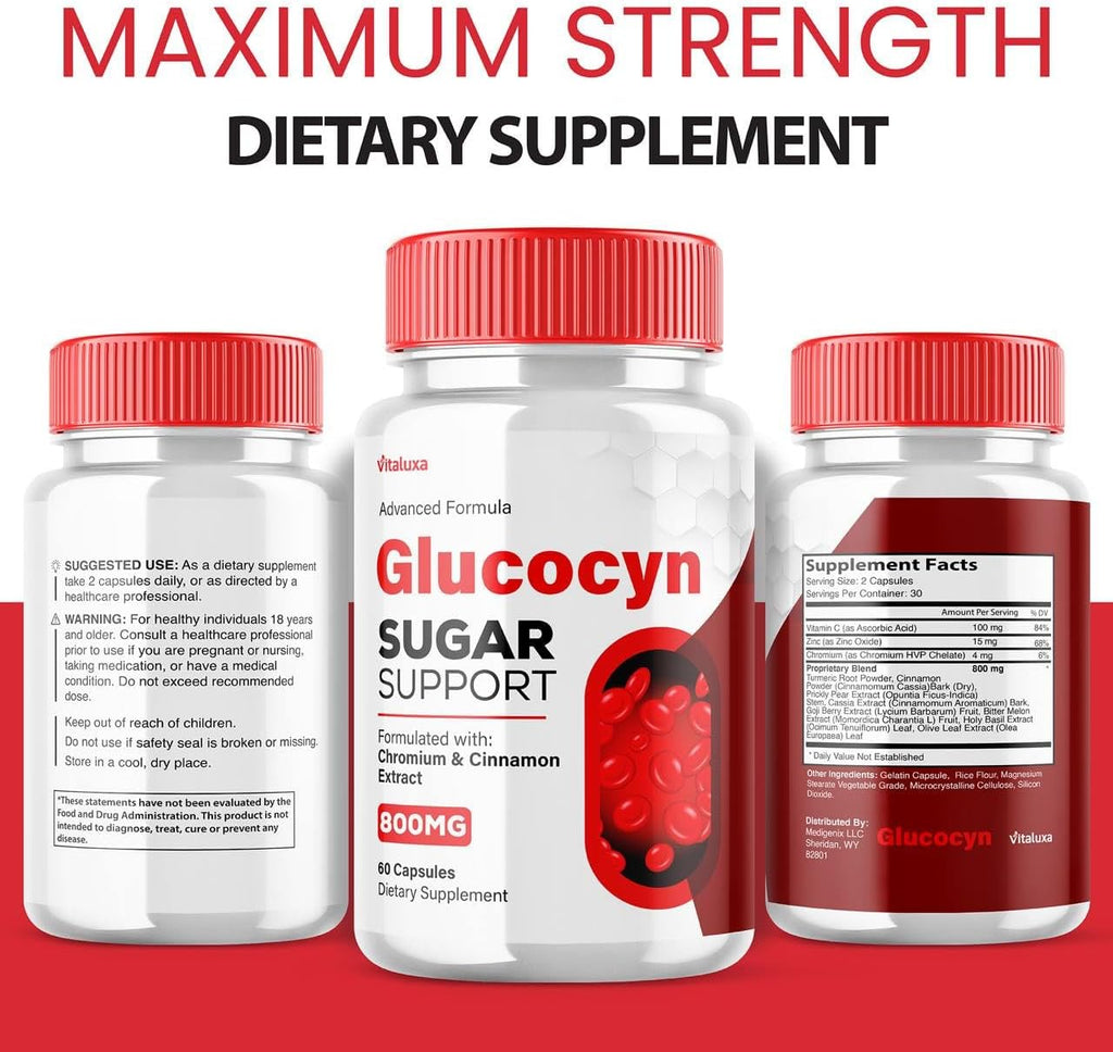 Glucocyn Support Cápsulas - Fórmula de Salud de Glucógeno, Máxima Potencia 800 mg con Vitaminas y Minerales Naturales (60 Cápsulas)