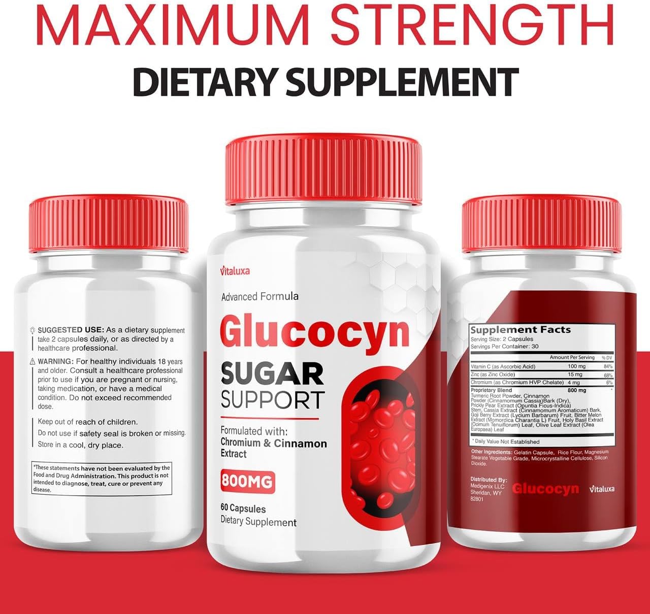 Vitaluxa Glucocyn Support Cápsulas – 5 Pack – 800 mg – 300 Cápsulas