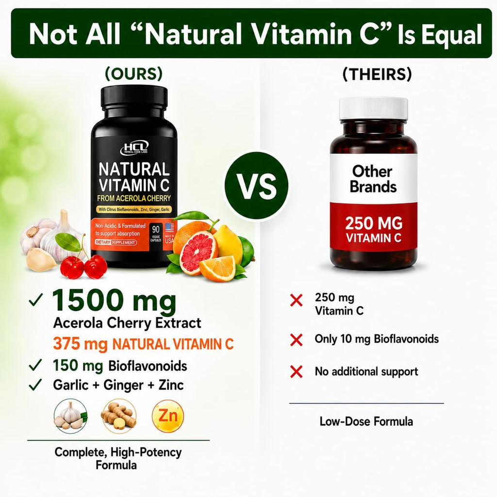 Vitamina C Natural de Acerola Orgánica - Alta Absorción - con Ajo, Jengibre y Bioflavonoides Cítricos - Apoyo al Sistema Inmunitario y Colágeno - Vitaminas para la Piel Antienvejecimiento