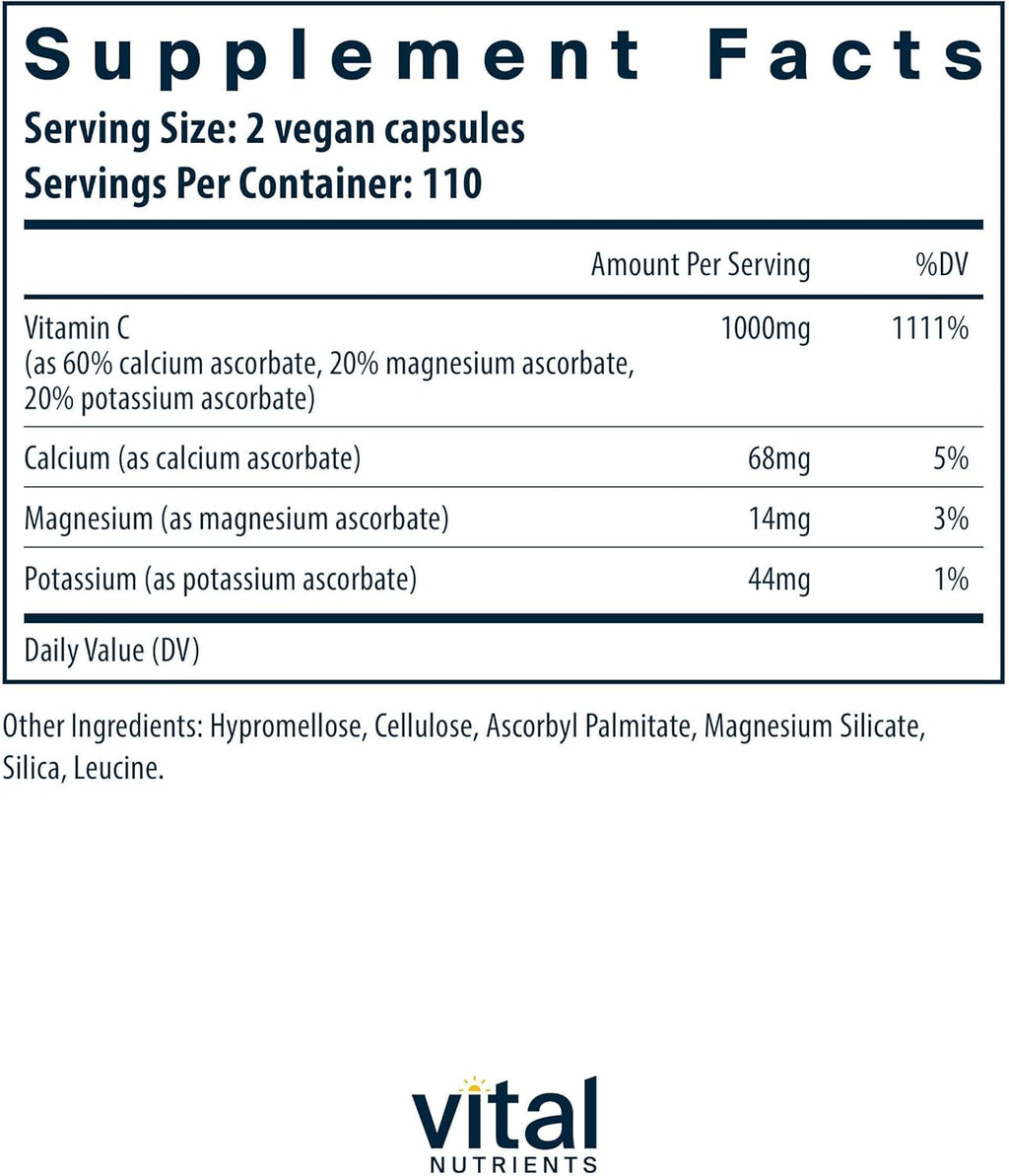 Vital Nutrients Vitamina C Tamponada 500mg - 220 Cápsulas Veganas
