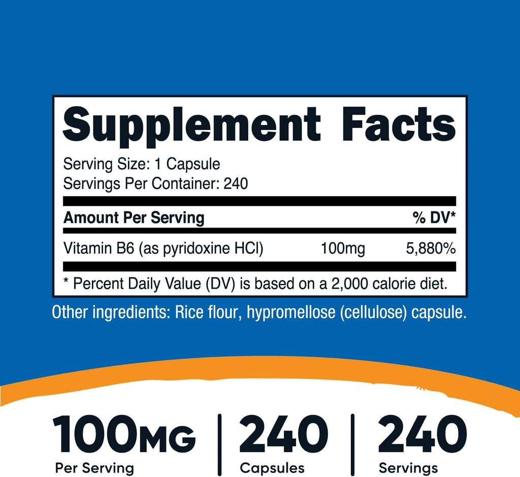 Nutricost Vitamina B6 (Piridoxina HCl) 100mg, 240 Cápsulas (3 Botellas)