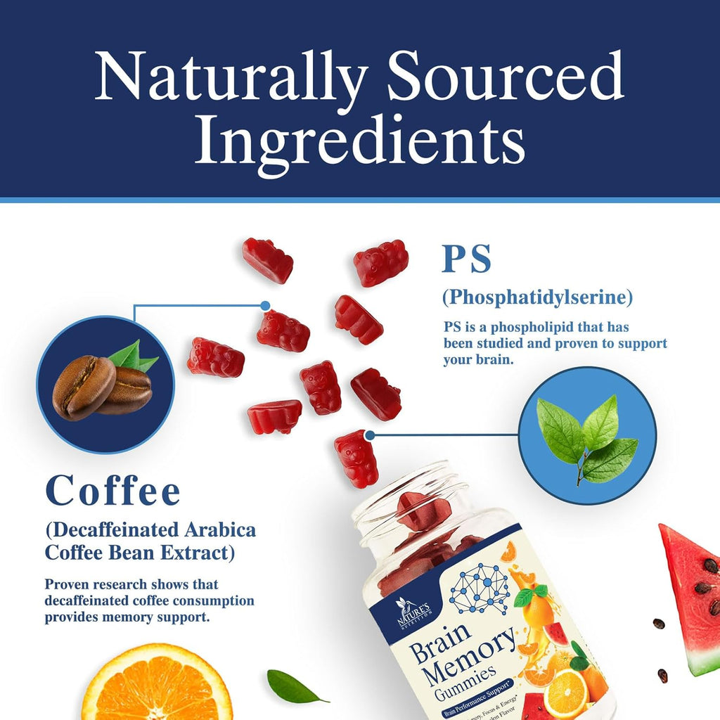 Nature's Nutrition Gominolas para el Cerebro - 3X Fuerza con Fosfatidilserina, B6, B12 y Nootrópicos para Memoria, Enfoque y Concentración - 60 Gominolas