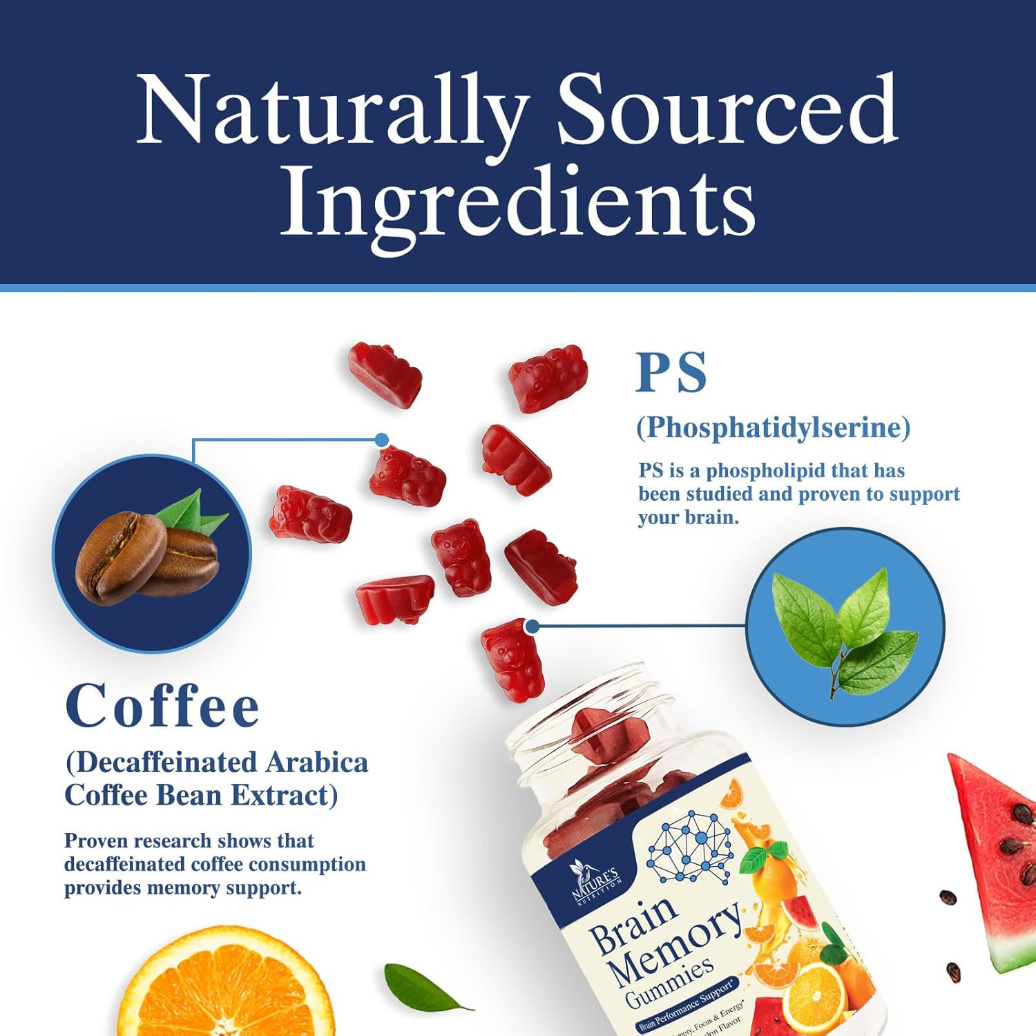 Nature's Nutrition Gominolas para el Cerebro - 3X Fuerza con Fosfatidilserina, B6, B12 y Nootrópicos para Memoria, Enfoque y Concentración - 60 Gominolas