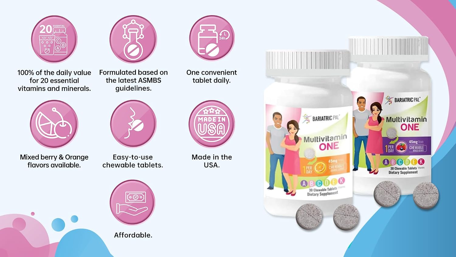 BariatricPal Multivitamin ONE - Multivitamínico Masticable con 45mg de Hierro, Sabor Mixed Berry, 30 Comprimidos