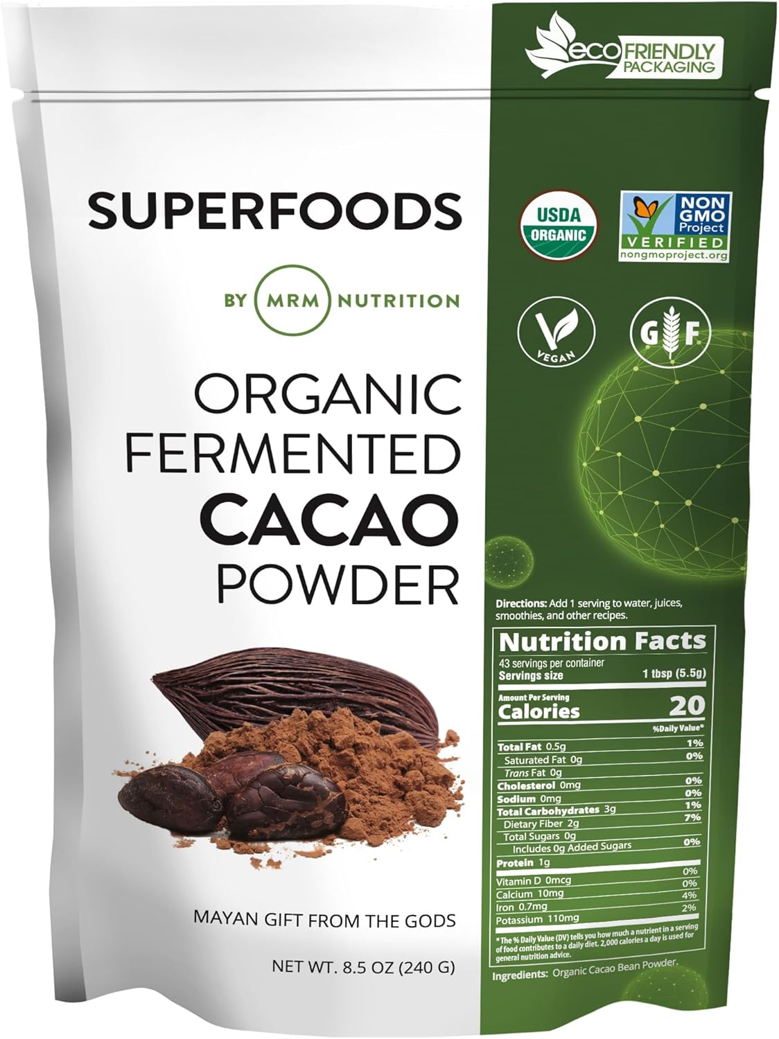 MRM Nutrition Cacao Fermentado Orgánico en Polvo - Superalimento Rico en Flavonoides, 43 Raciones