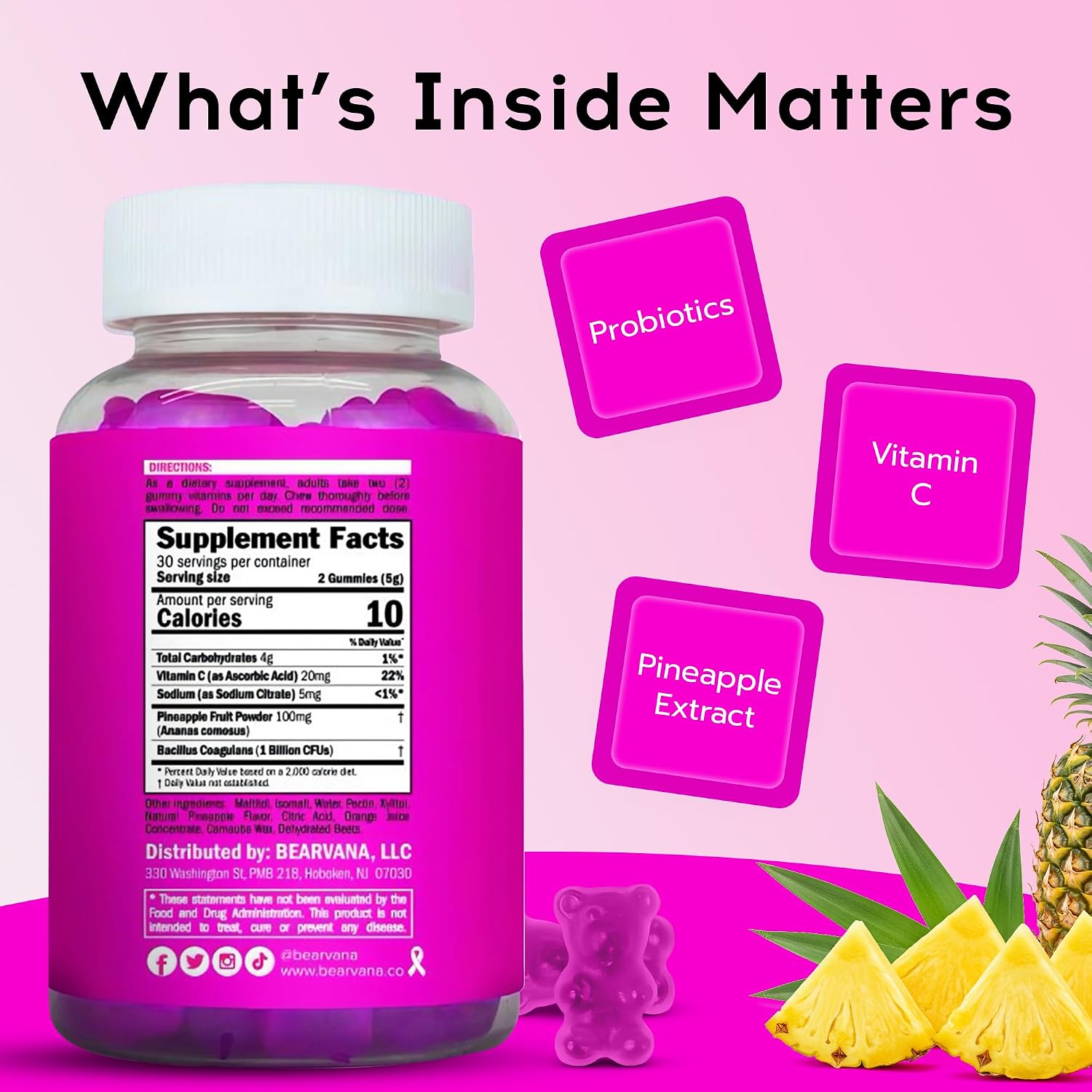 BEARVANA Gominolas de Probióticos y Vitamina C para el Apoyo del pH Vaginal – Suplemento de Bienestar Femenino con Sabor a Piña – 60 Gominolas