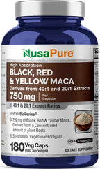 NusaPure Maca Root Negra, Roja y Amarilla - 180 Cápsulas Veganas (750 mg)