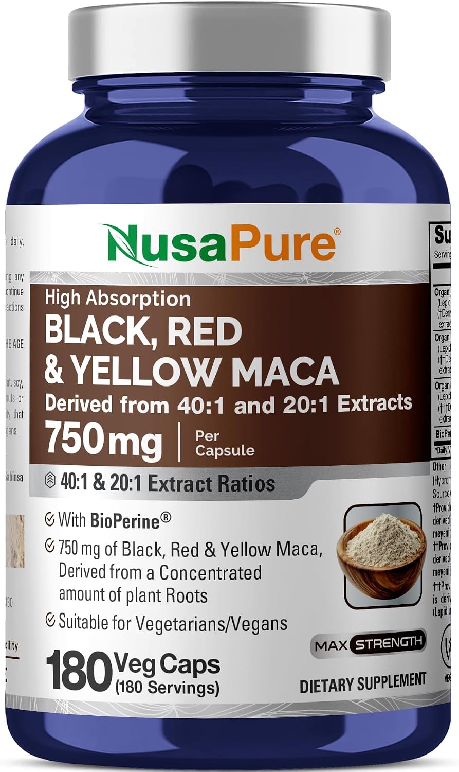 NusaPure Maca Root Negra, Roja y Amarilla - 180 Cápsulas Veganas (750 mg)