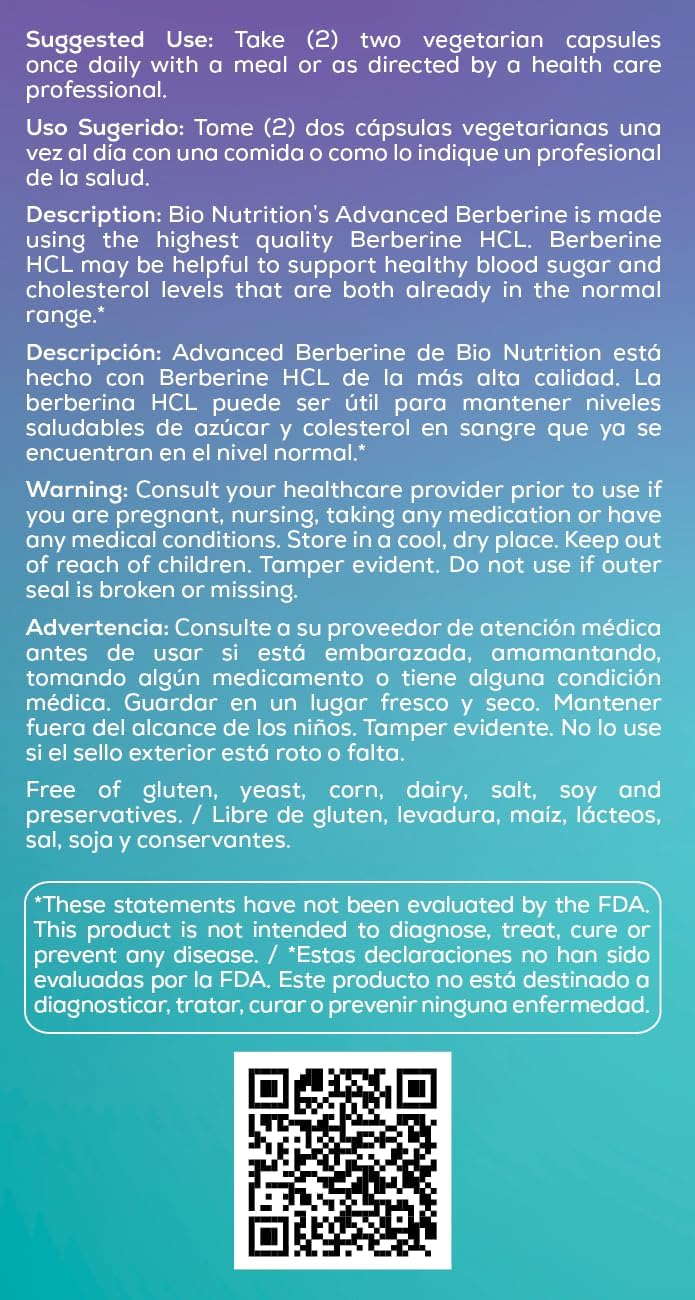 Bio Nutrition Advanced Berberine - 50 Cápsulas Vegetarianas - 1200 mg por Ración