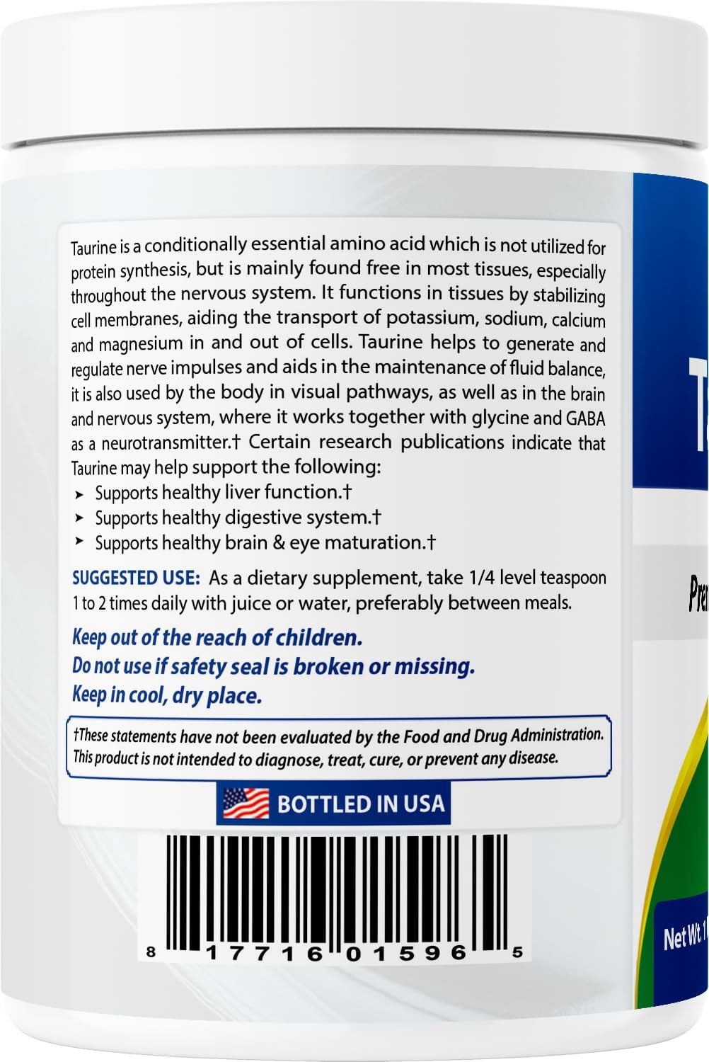 Best Naturals Taurina Pura 1000mg - Polvo de Taurina de Forma Libre - 454g (Pack de 2)