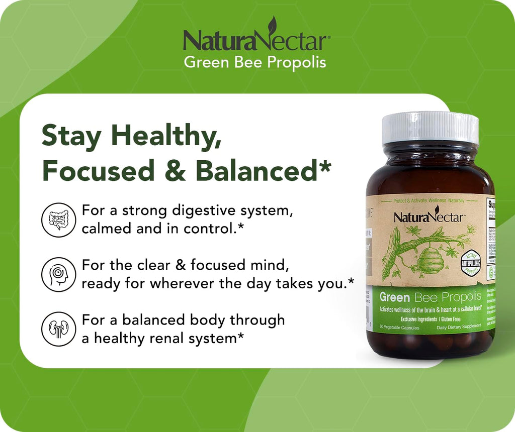 NaturaNectar - Green Bee Propolis Capsules - NSF Certified Brazilian Green Propolis - Gluten Free - 60 Capsules