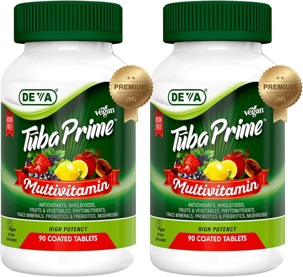 DEVA Tuba Prime Multivitamínico Vegano de Alta Potencia sin Hierro - 90 Comprimidos (2 Paquetes)