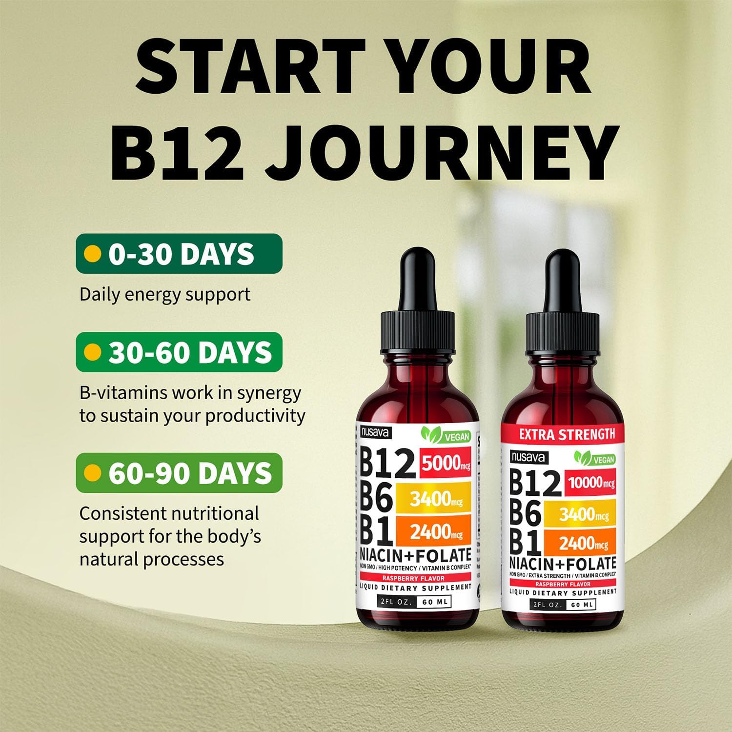 NUSAVA Complejo B12 Líquido Extra Fuerte 10000mcg - Gotas Sublinguales con Metilcobalamina, Sabor Frambuesa (Pack de 2)
