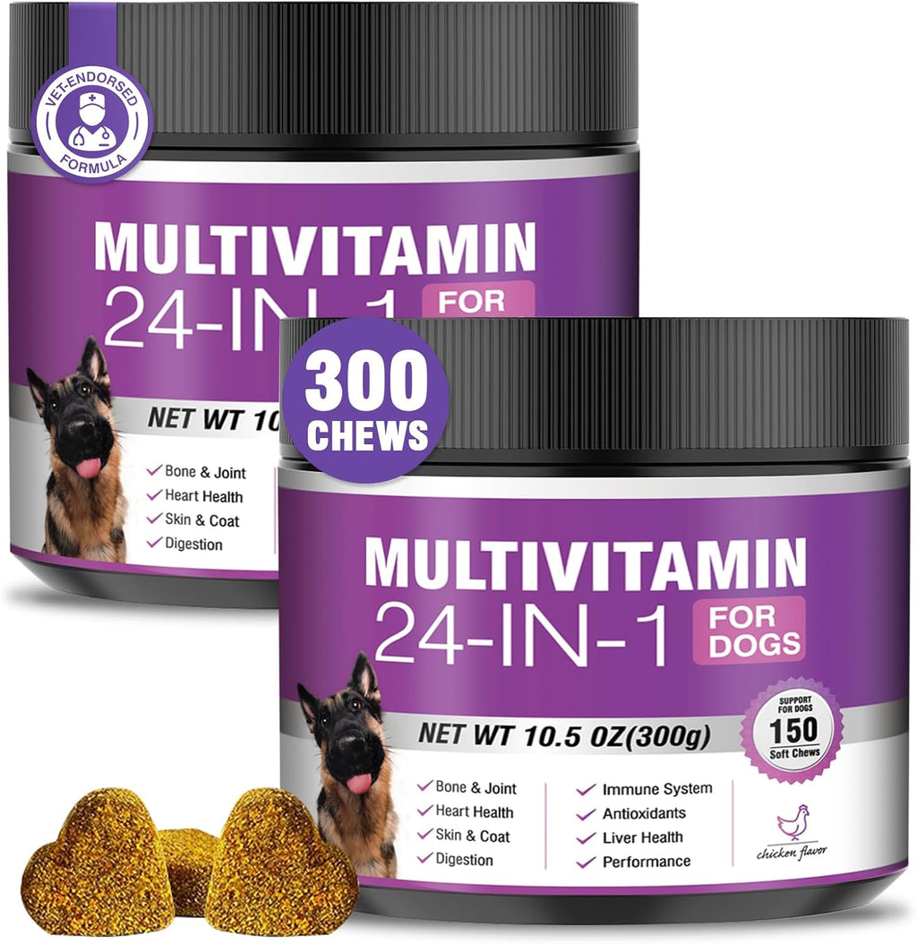 24 en 1 Vitaminas y Suplementos para Perros 200 Comprimidos Masticables con Condroitina, Probióticos, Omega-3, Glucosamina – Sabor Pollo