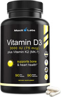 MaxX Labs Vitamina D3 3000 UI + K2 MK-7 | 90 Cápsulas | Suplemento Alimenticio
