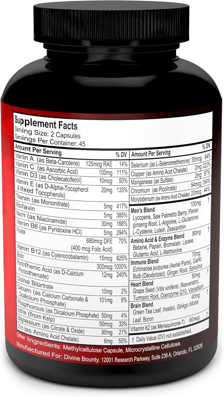 Multivitamínico para Hombres – Complejo Diario con Vitaminas A, C, D, E, K, Complejo B, Calcio, Magnesio, Selenio y Zinc – 90 Cápsulas Vegetales