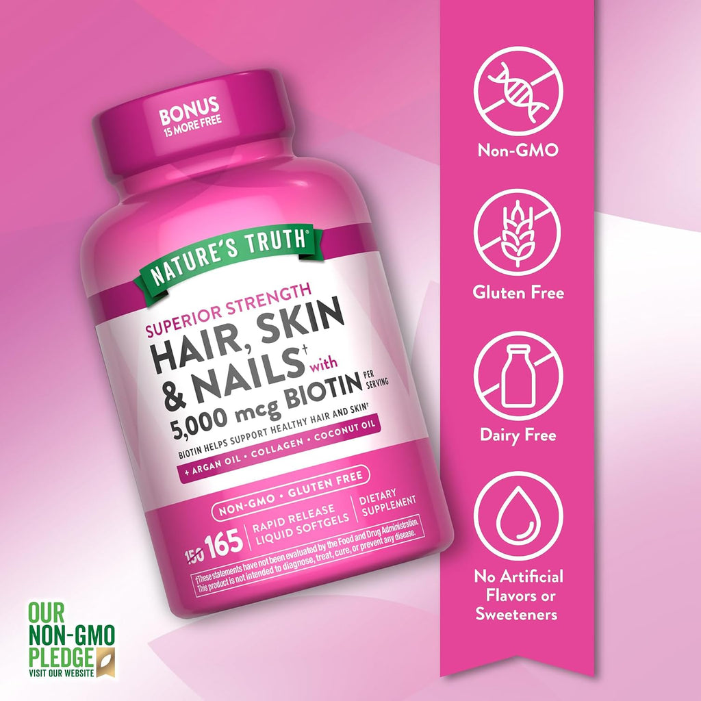 Nature's Truth Hair, Skin & Nails Vitamins | 5000 mcg Biotin | 165 Softgels | with Collagen