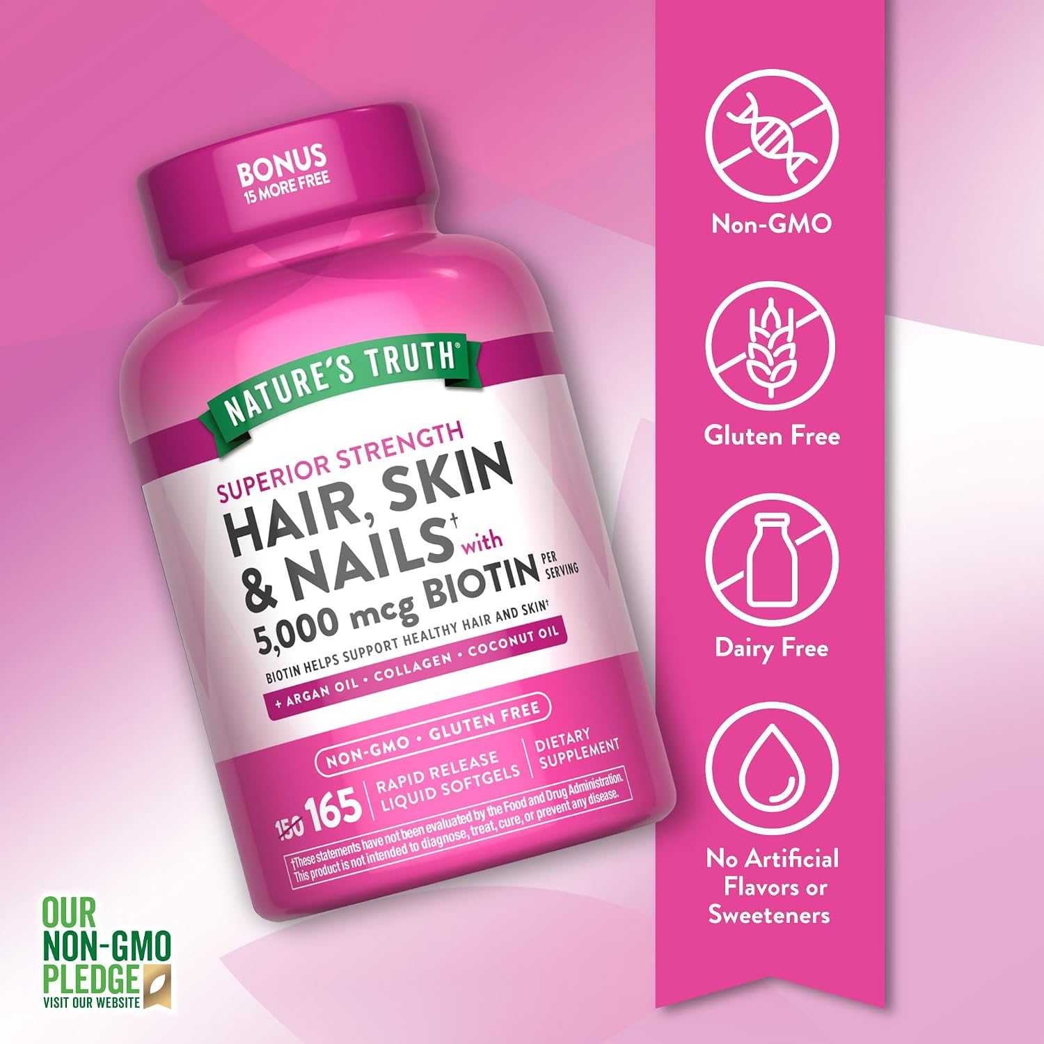Nature's Truth Hair, Skin & Nails Vitamins | 5000 mcg Biotin | 165 Softgels | with Collagen