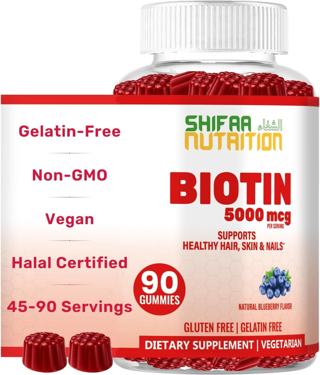 SHIFAA NUTRITION Gominolas Veganas de Biotina 5000 mcg | 90 Gominolas | Sin Gluten, Gelatina, Huevo, Lactosa | Halal