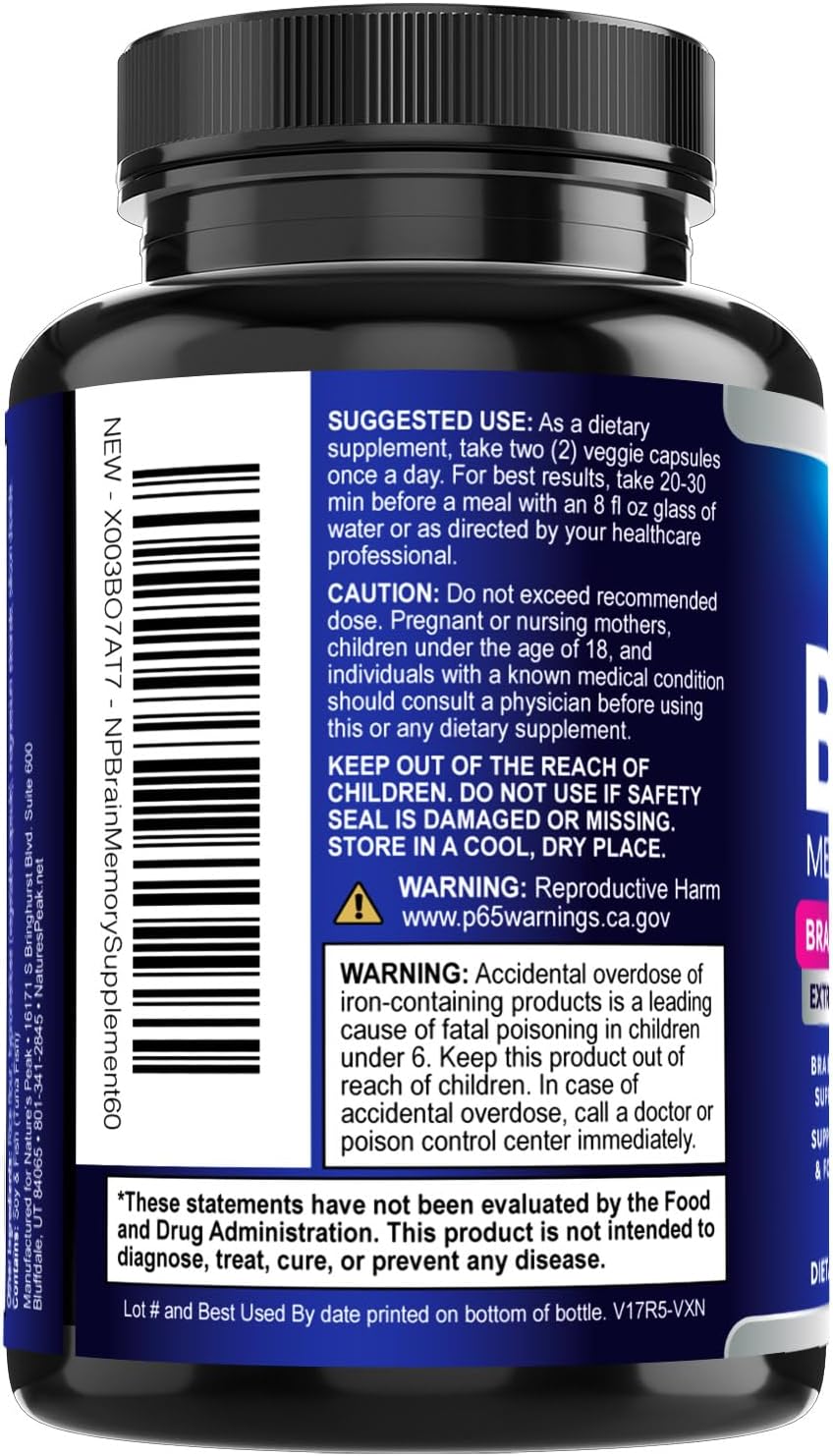 Nature's Peak Suplemento para la Memoria y Concentración - 3X Fuerza Nootrópico con Bacopa, Ginkgo Biloba y DMAE - 60 Cápsulas