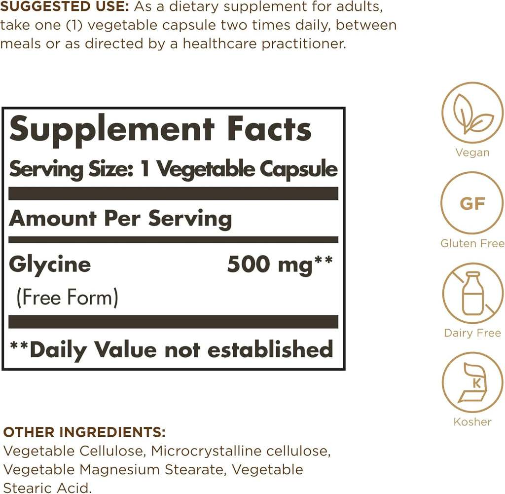 Solgar Glycine 500 mg - 100 Cápsulas Vegetales - No Transgénico, Vegano, Sin Gluten, Sin Lácteos, Kosher
