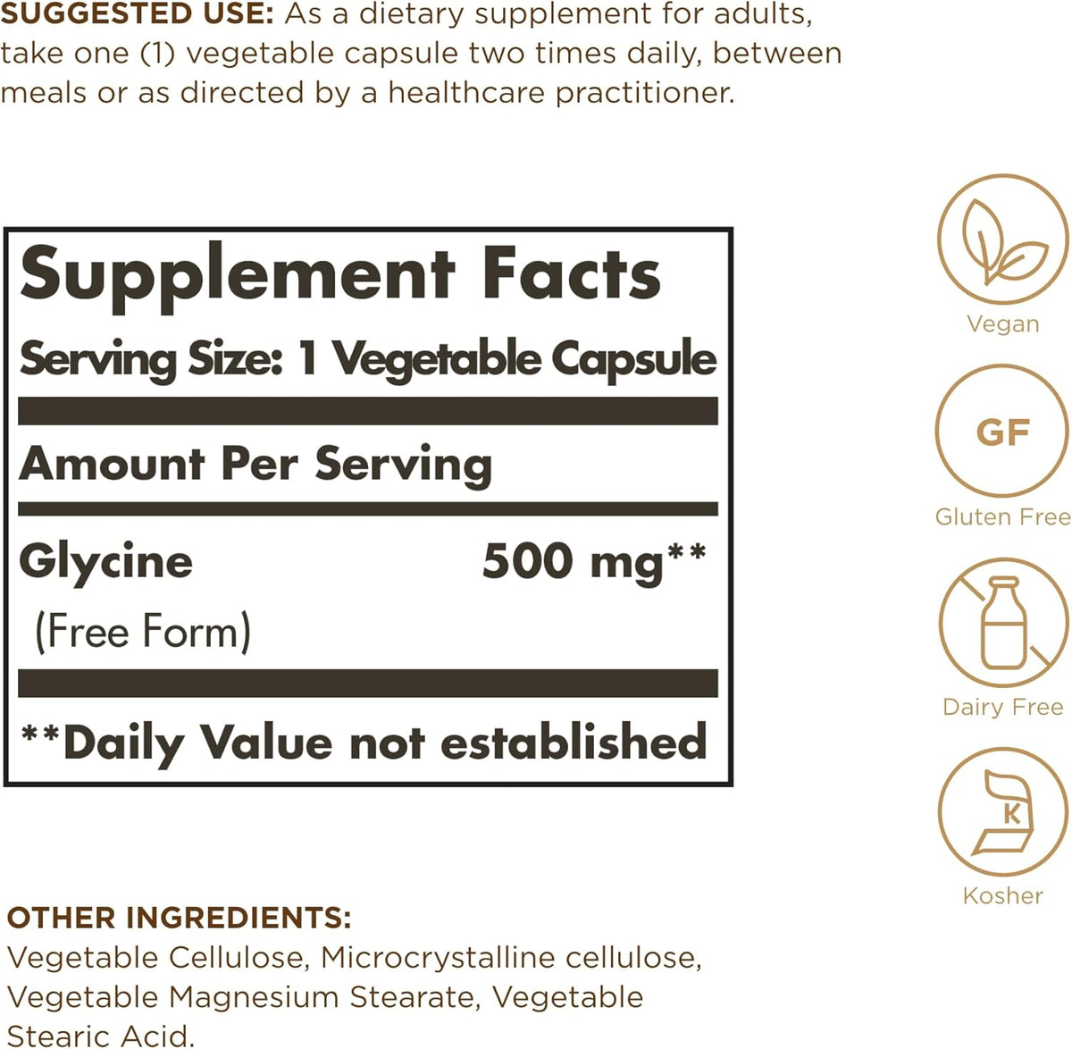 Solgar Glycine 500 mg - 100 Cápsulas Vegetales - No Transgénico, Vegano, Sin Gluten, Sin Lácteos, Kosher – Image 2